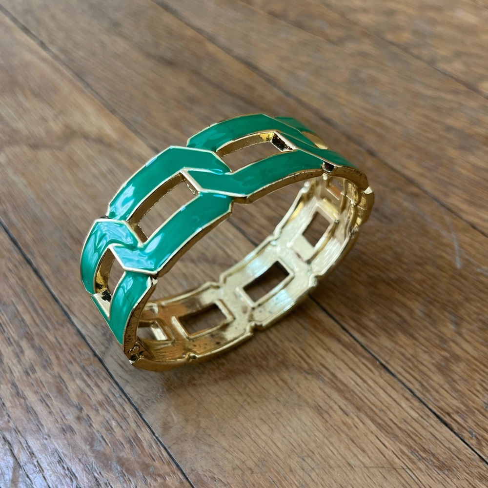 Clamper Bracelet - Vintage Style Gold and Green Enamel Link